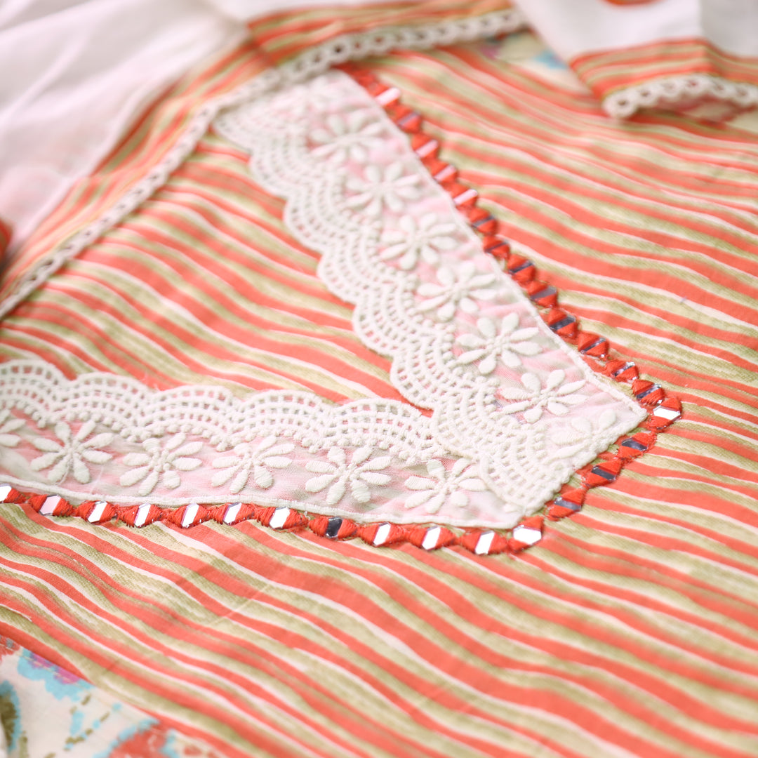 Dulhan Orange Floral and Stripe Panel Print with V Neck Lace Cotton Set