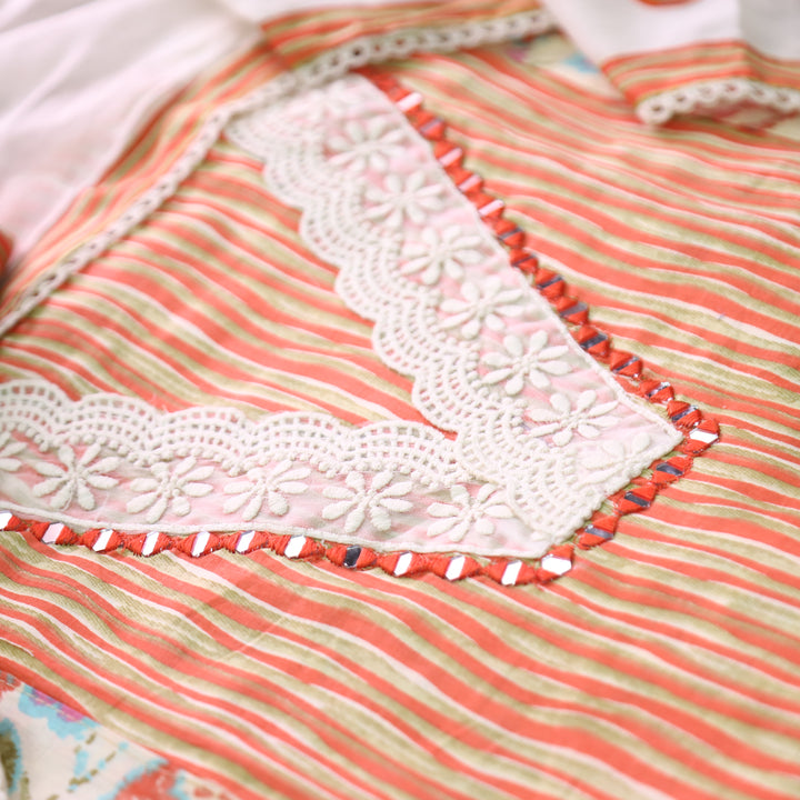Dulhan Orange Floral and Stripe Panel Print with V Neck Lace Cotton Set