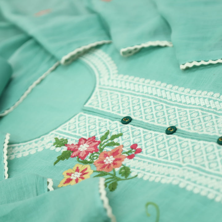 Rangoli  Sea Green Embroidered Neckline with Button Work Cotton Linen Set