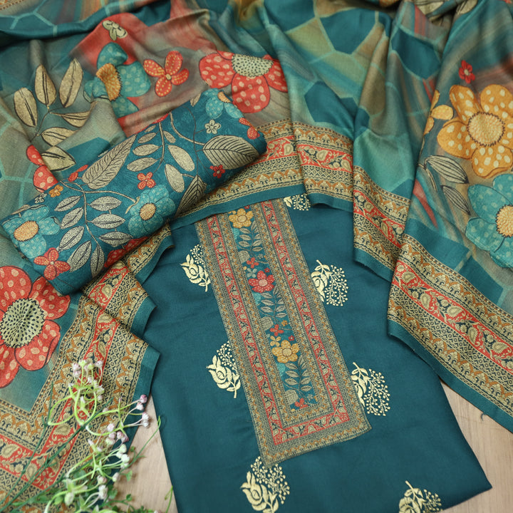 द्रौपदी Prussian Teal Floral Print in Floral Embroidery Work Semi Pashmina Winter Set