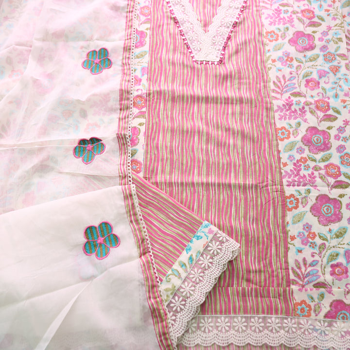 Dulhan Pink Floral and Stripe Panel Print with V Neck Lace Cotton Set