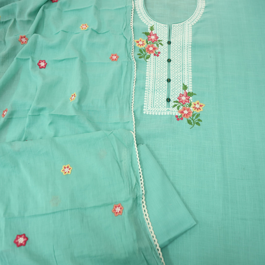 Rangoli  Sea Green Embroidered Neckline with Button Work Cotton Linen Set