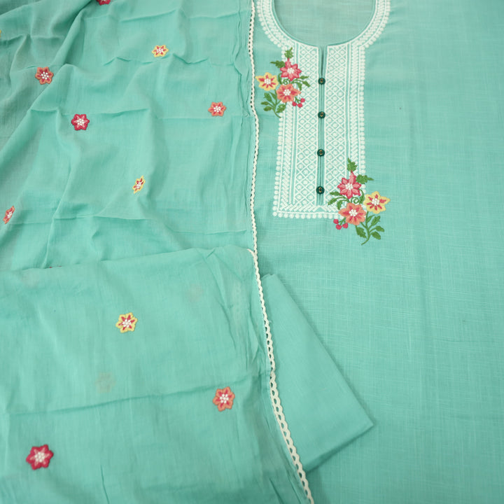 Rangoli  Sea Green Embroidered Neckline with Button Work Cotton Linen Set
