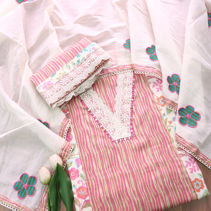 Dulhan Pink Floral and Stripe Panel Print with V Neck Lace Cotton Set