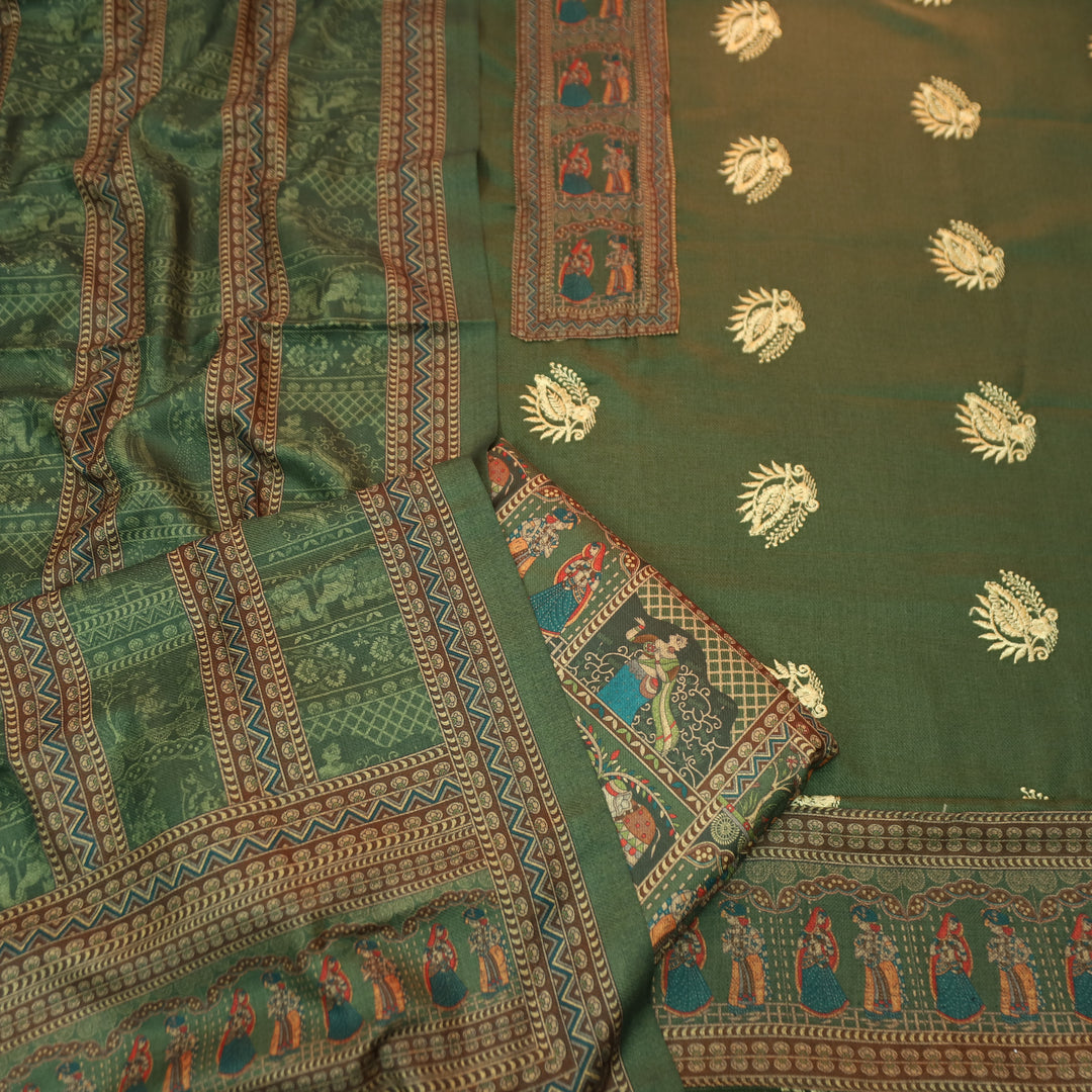 बंसी Olive Green Print Patch in Floral  Embroidery Work Semi Pashmina Winter Set