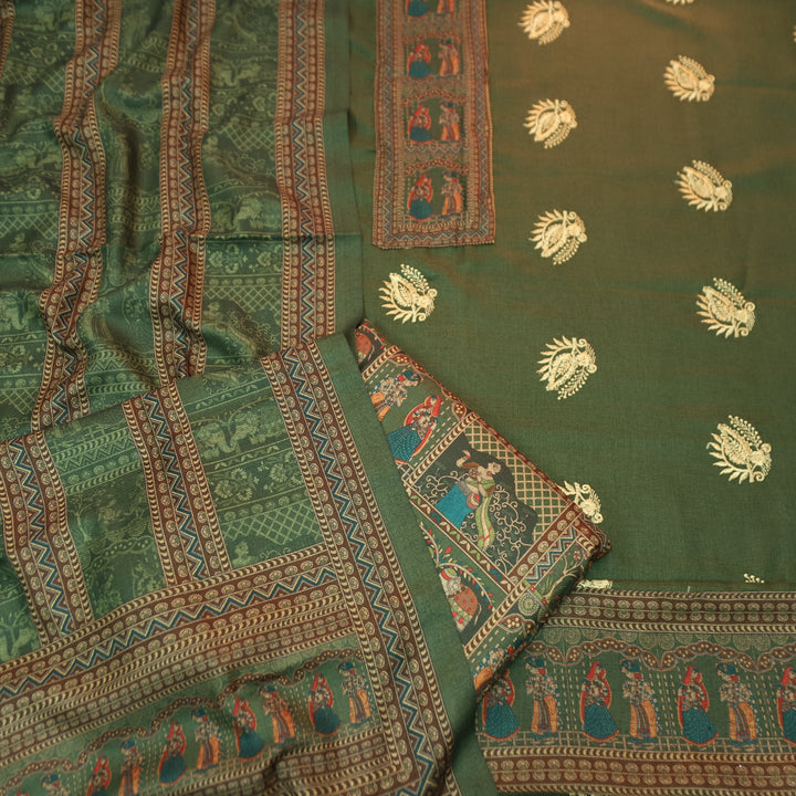 बंसी Olive Green Print Patch in Floral  Embroidery Work Semi Pashmina Winter Set