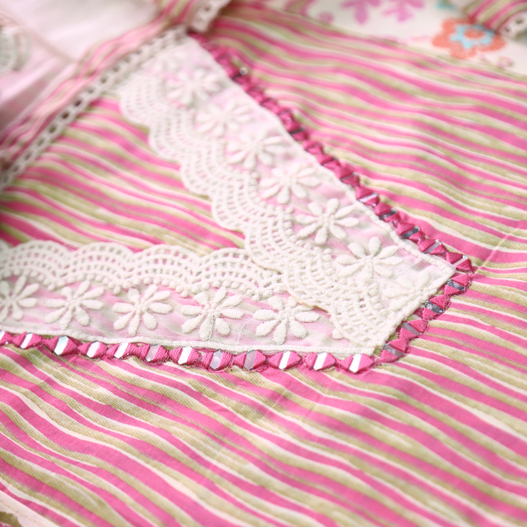 Dulhan Pink Floral and Stripe Panel Print with V Neck Lace Cotton Set
