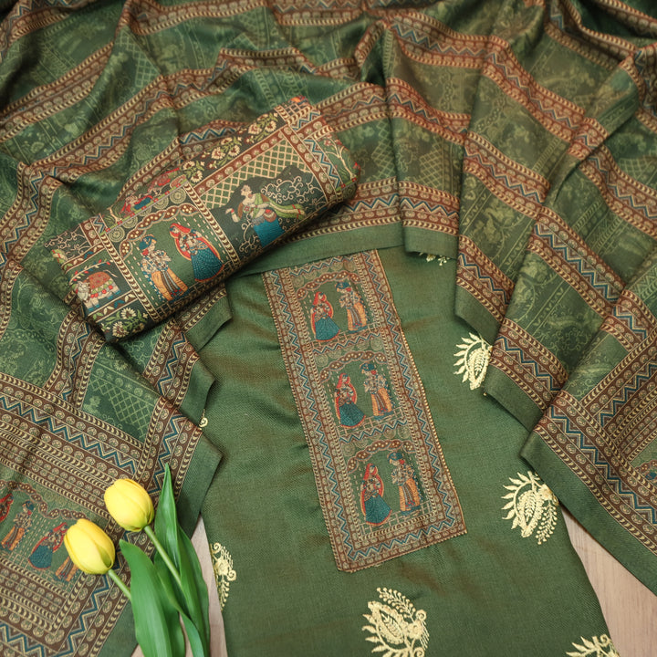 बंसी Olive Green Print Patch in Floral  Embroidery Work Semi Pashmina Winter Set