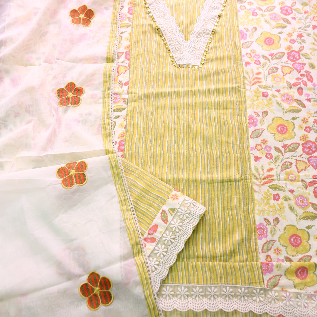 Dulhan Yellow Floral and Stripe Panel Print with V Neck Lace Cotton Set
