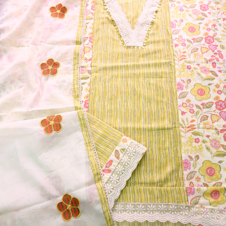 Dulhan Yellow Floral and Stripe Panel Print with V Neck Lace Cotton Set