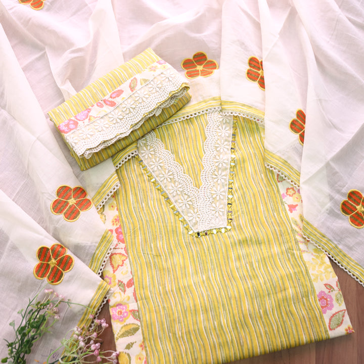 Dulhan Yellow Floral and Stripe Panel Print with V Neck Lace Cotton Set