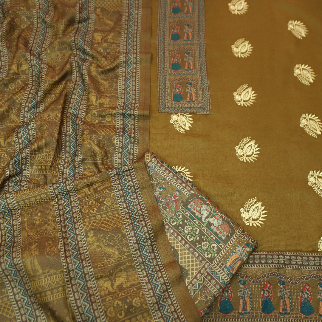 बंसी Dijon Yellow Print Patch in Floral  Embroidery Work Semi Pashmina Winter Set