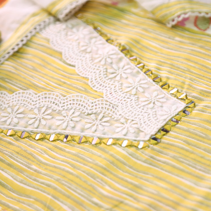 Dulhan Yellow Floral and Stripe Panel Print with V Neck Lace Cotton Set