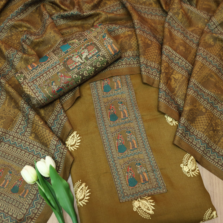 बंसी Dijon Yellow Print Patch in Floral  Embroidery Work Semi Pashmina Winter Set