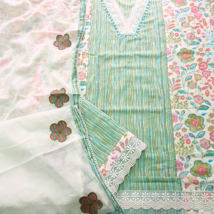 Dulhan Green Floral and Stripe Panel Print with V Neck Lace Cotton Set