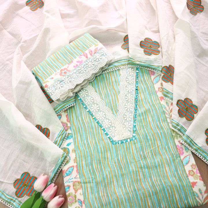 Dulhan Green Floral and Stripe Panel Print with V Neck Lace Cotton Set