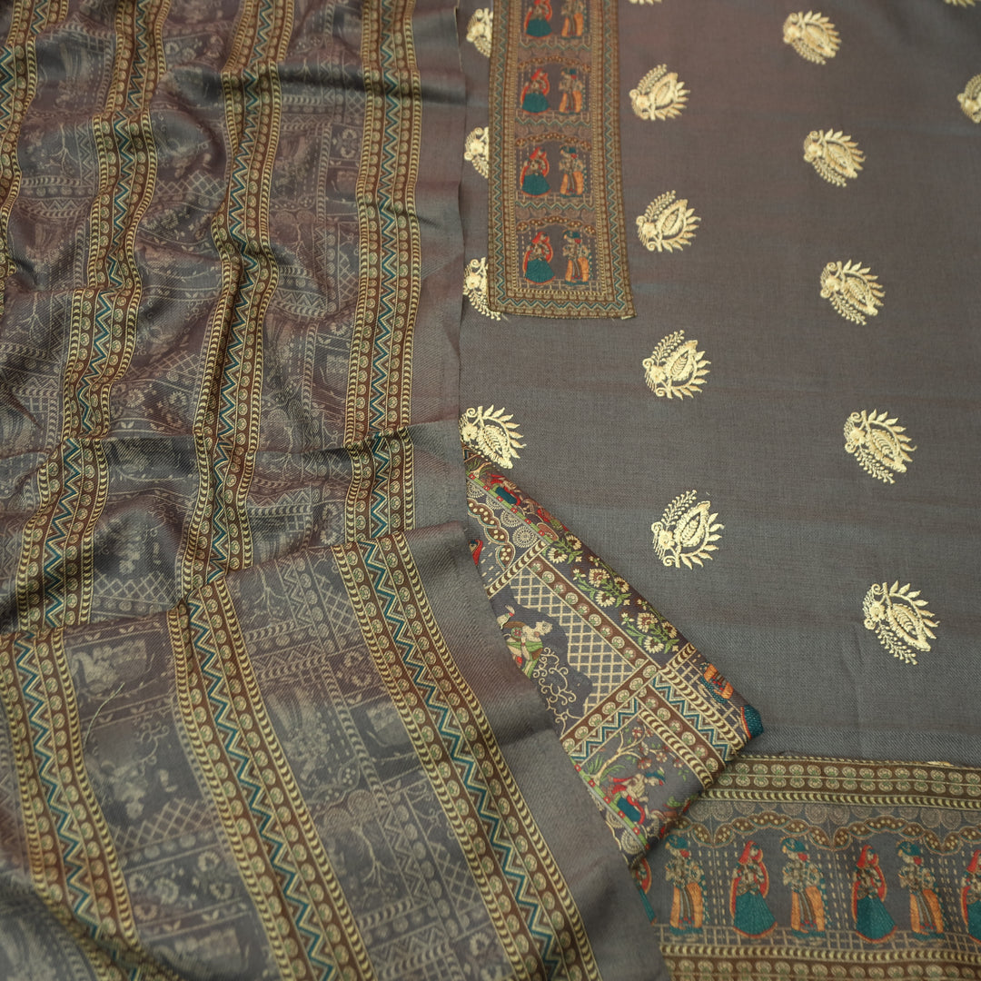 बंसी Tan Taupe Print Patch in Floral  Embroidery Work Semi Pashmina Winter Set