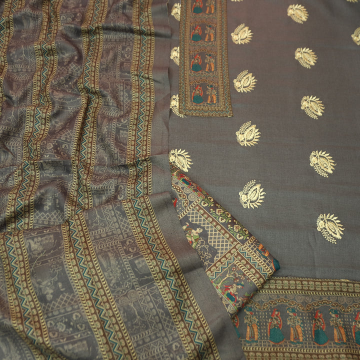 बंसी Tan Taupe Print Patch in Floral  Embroidery Work Semi Pashmina Winter Set