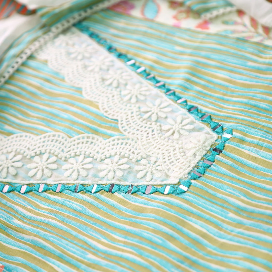 Dulhan Green Floral and Stripe Panel Print with V Neck Lace Cotton Set