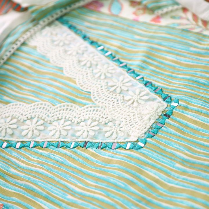 Dulhan Green Floral and Stripe Panel Print with V Neck Lace Cotton Set