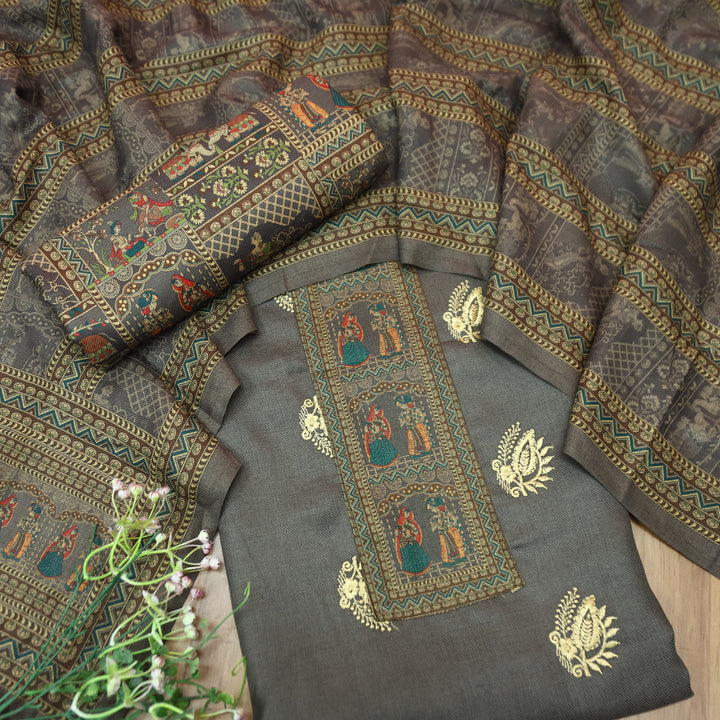 बंसी Tan Taupe Print Patch in Floral  Embroidery Work Semi Pashmina Winter Set