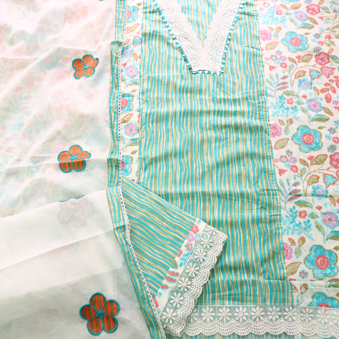 Dulhan Aqua Blue Floral and Stripe Panel Print with V Neck Lace Cotton Set