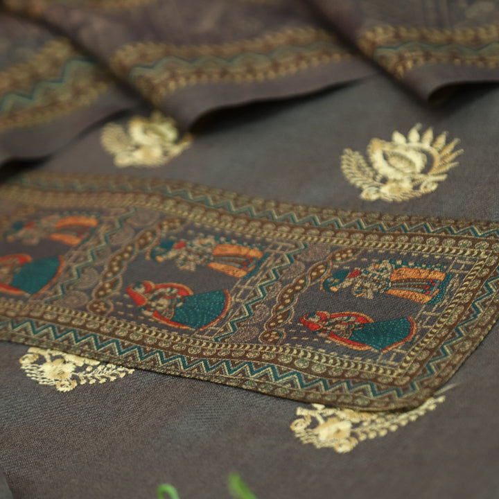 बंसी Tan Taupe Print Patch in Floral  Embroidery Work Semi Pashmina Winter Set