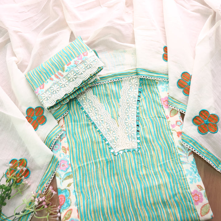 Dulhan Aqua Blue Floral and Stripe Panel Print with V Neck Lace Cotton Set