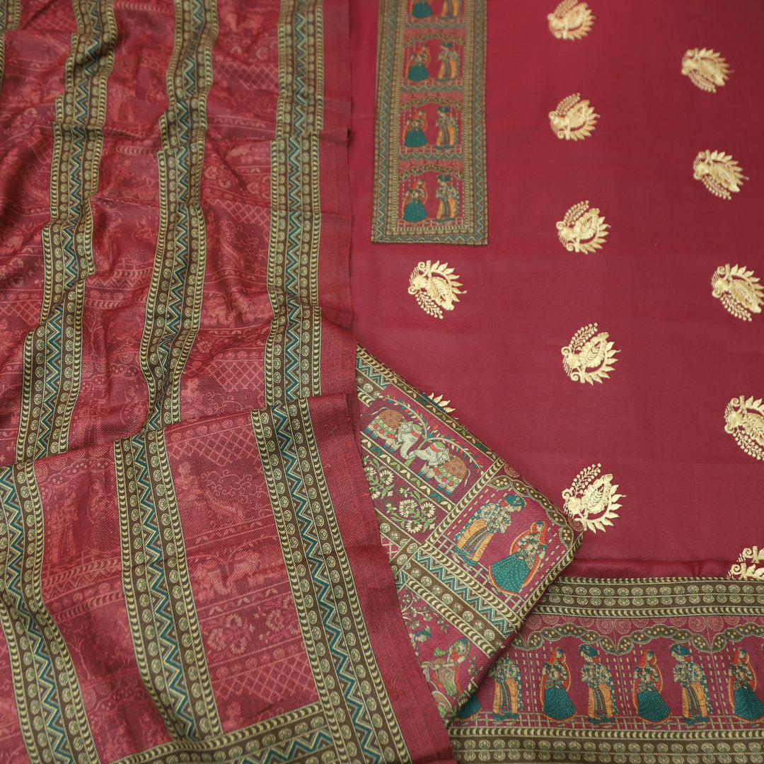 बंसी Magenta Red Print Patch in Floral  Embroidery Work Semi Pashmina Winter Set