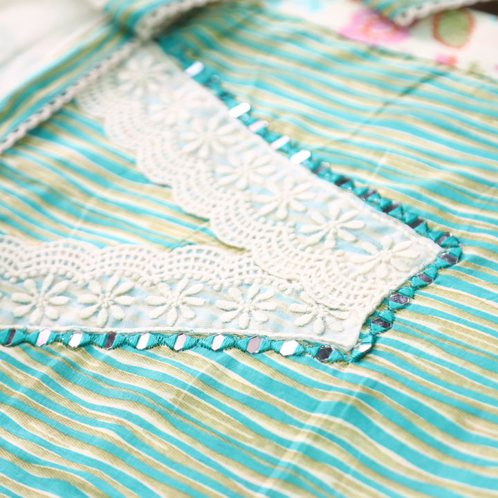 Dulhan Aqua Blue Floral and Stripe Panel Print with V Neck Lace Cotton Set
