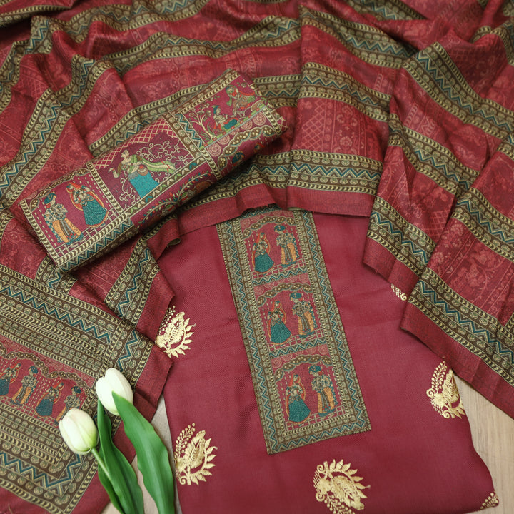 बंसी Magenta Red Print Patch in Floral  Embroidery Work Semi Pashmina Winter Set