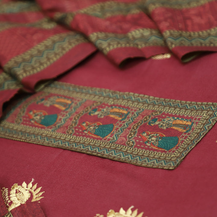 बंसी Magenta Red Print Patch in Floral  Embroidery Work Semi Pashmina Winter Set