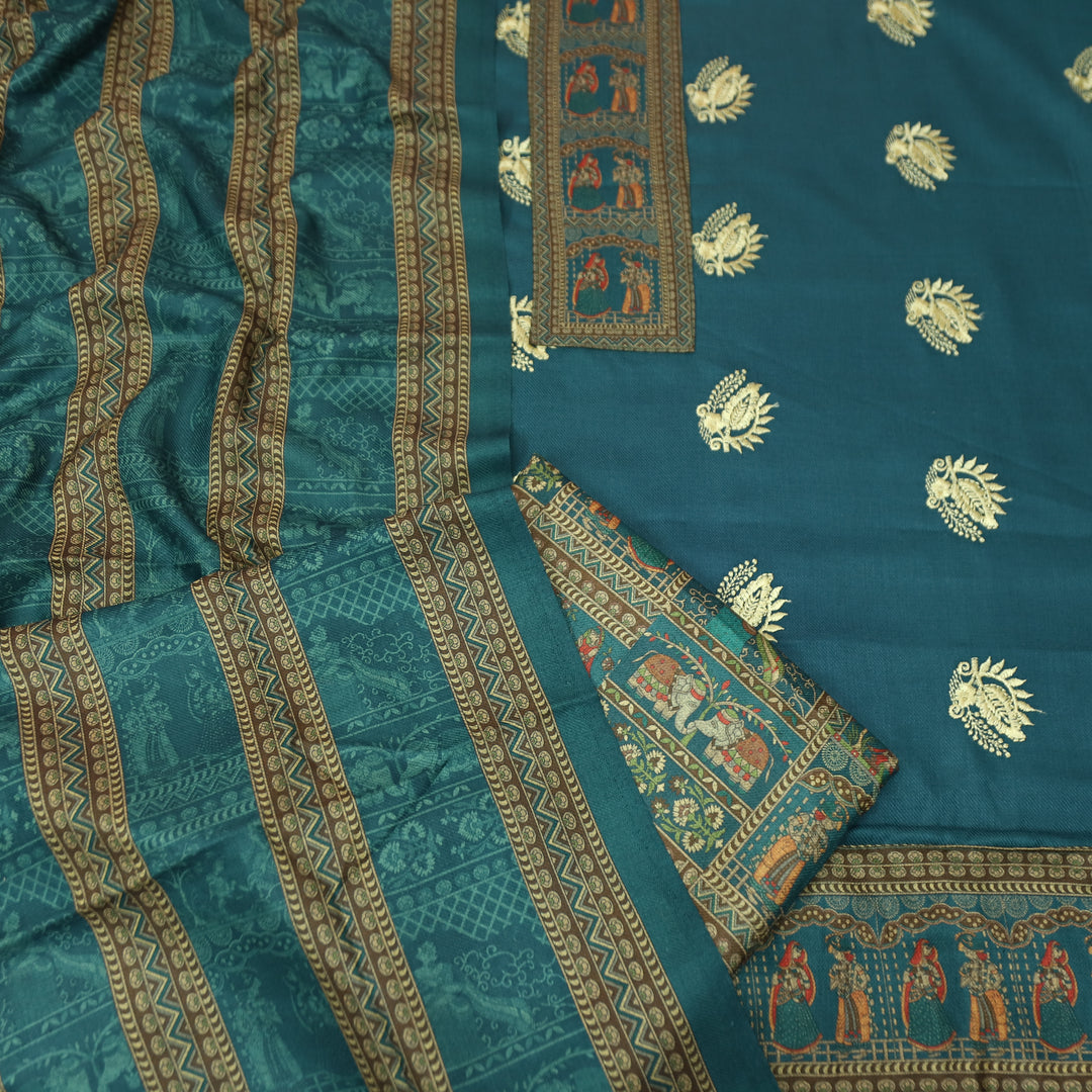 बंसी Cerulean Teal Print Patch in Floral  Embroidery Work Semi Pashmina Winter Set