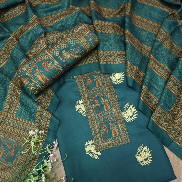 बंसी Cerulean Teal Print Patch in Floral  Embroidery Work Semi Pashmina Winter Set