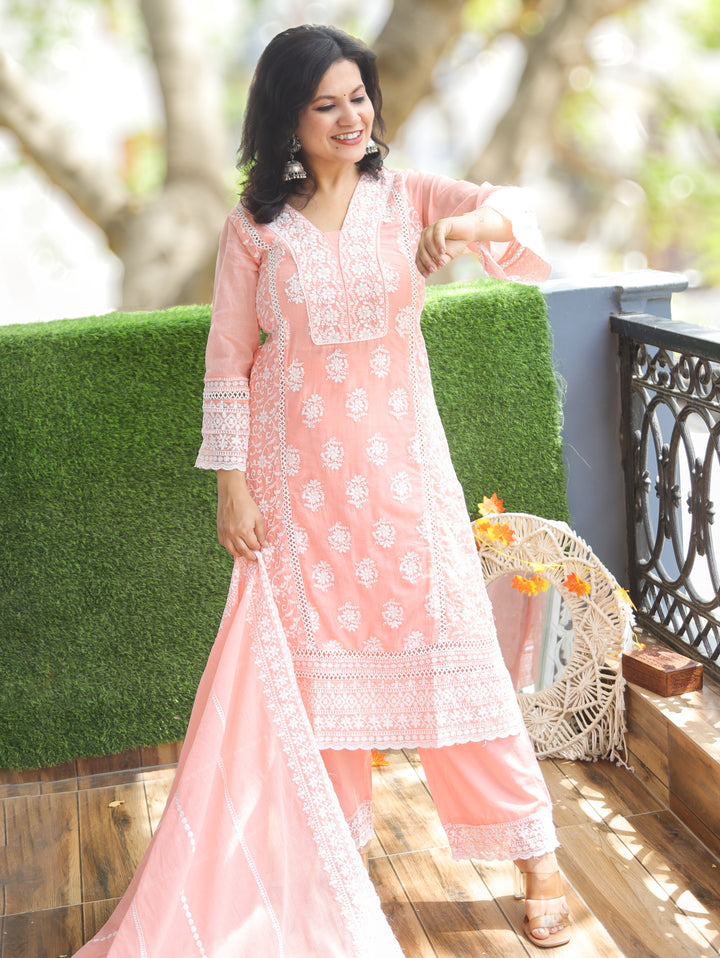 Himani Peach Embroidered Mul Cotton 3 Piece Set
