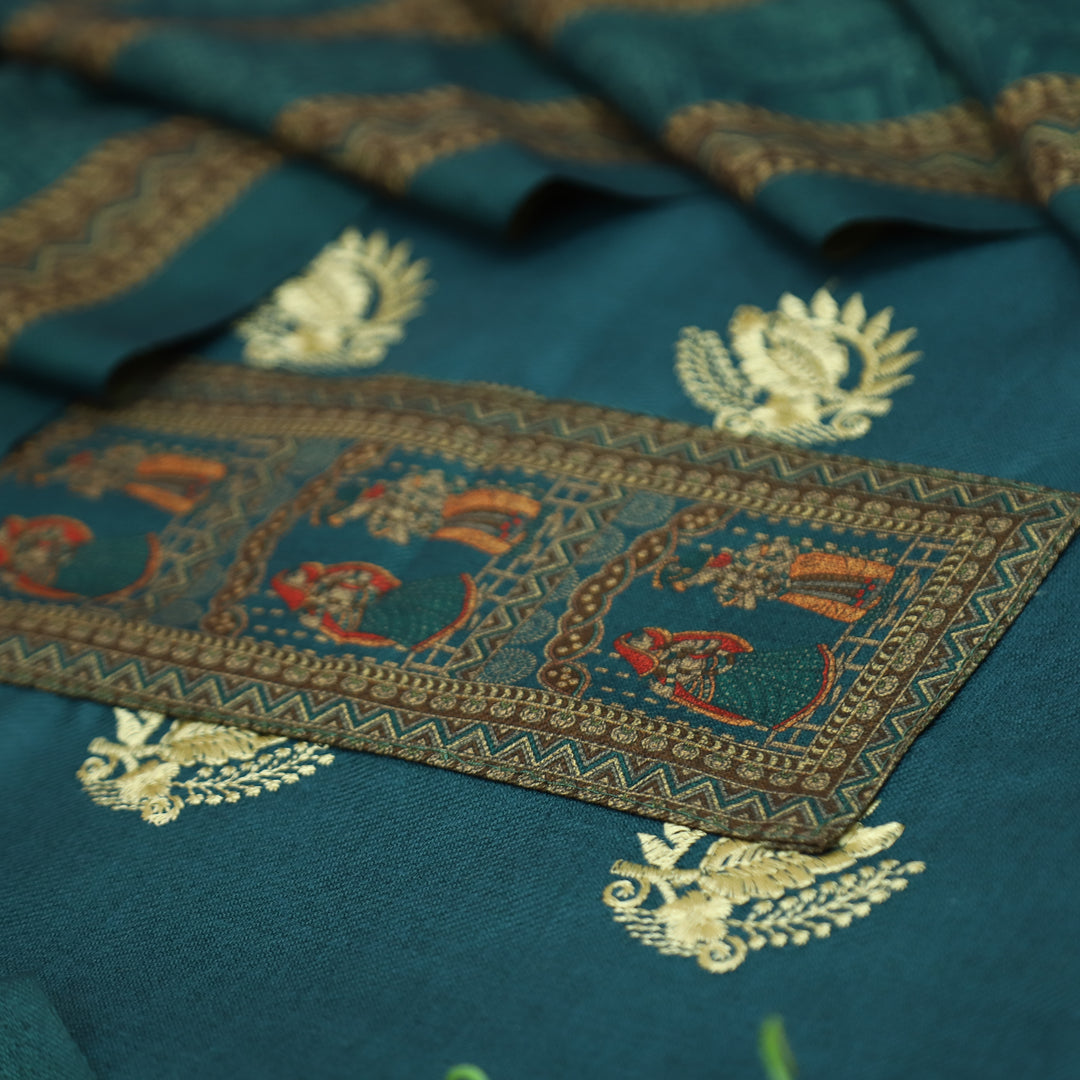 बंसी Cerulean Teal Print Patch in Floral  Embroidery Work Semi Pashmina Winter Set