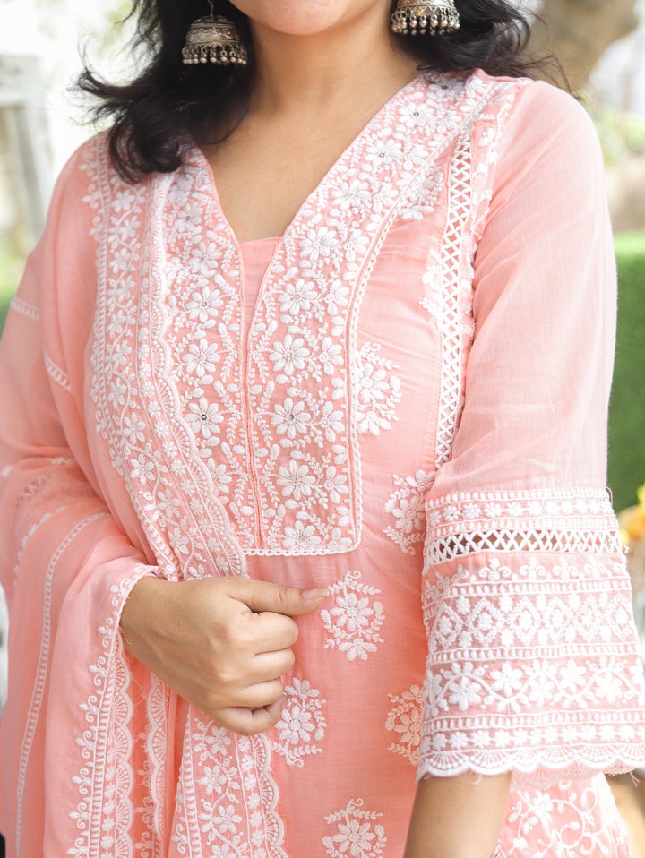 Himani Peach Embroidered Mul Cotton 3 Piece Set