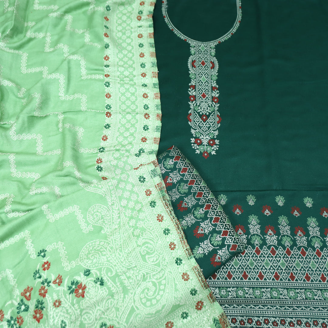 शिवानी Dark Green All Over Thread and Zari Weaved Semi Pashmina Winter Set