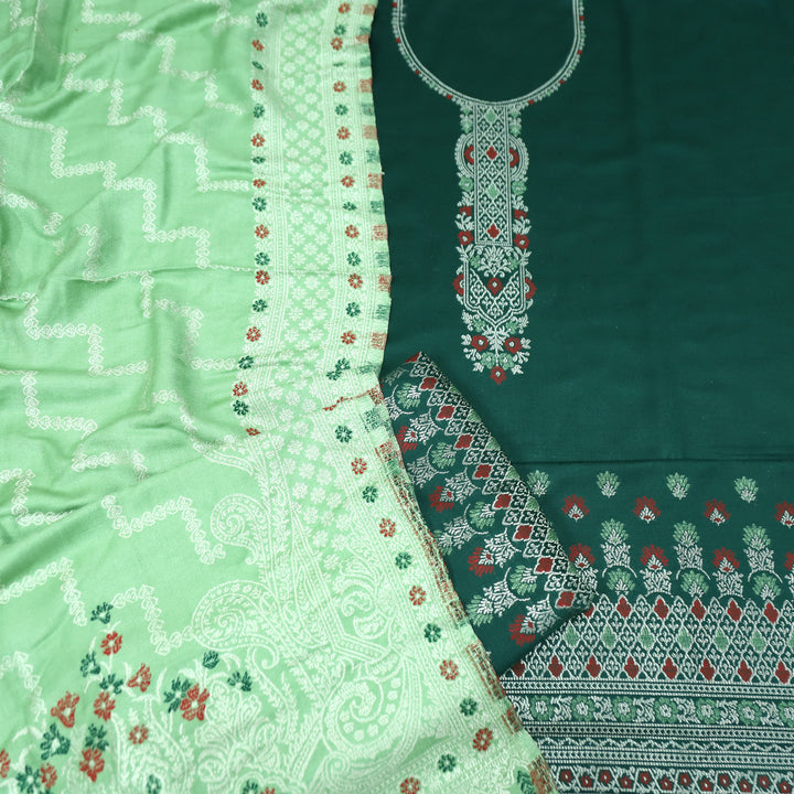 शिवानी Dark Green All Over Thread and Zari Weaved Semi Pashmina Winter Set