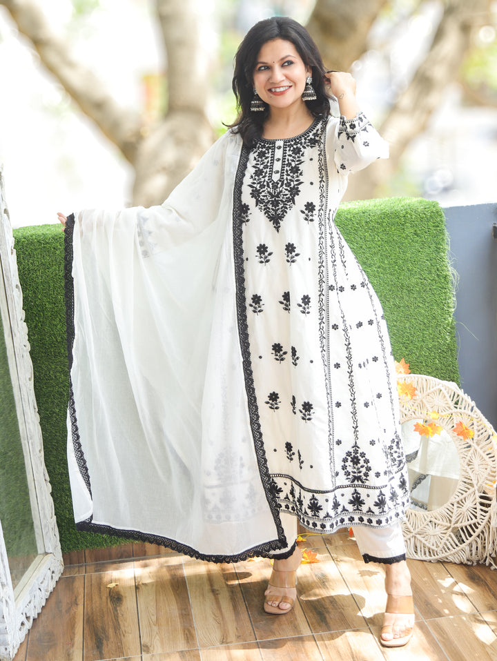 Himani Cream with Black Chikankari Mul Cotton 3 Piece Set