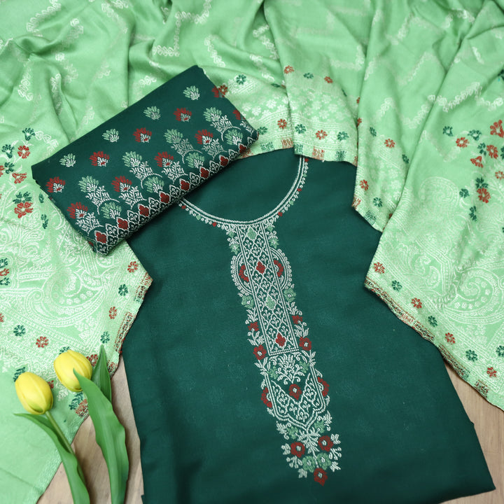 शिवानी Dark Green All Over Thread and Zari Weaved Semi Pashmina Winter Set