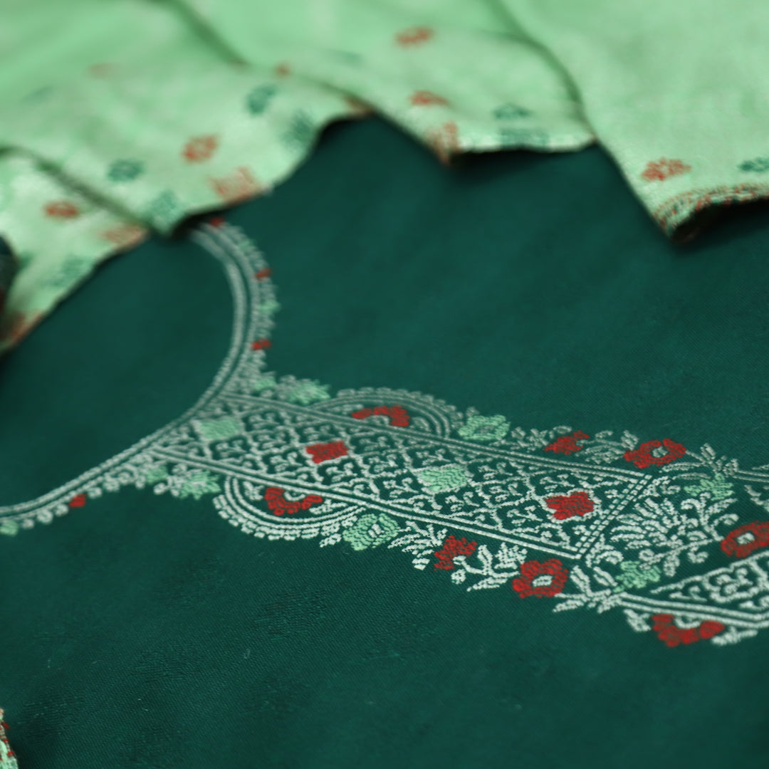 शिवानी Dark Green All Over Thread and Zari Weaved Semi Pashmina Winter Set