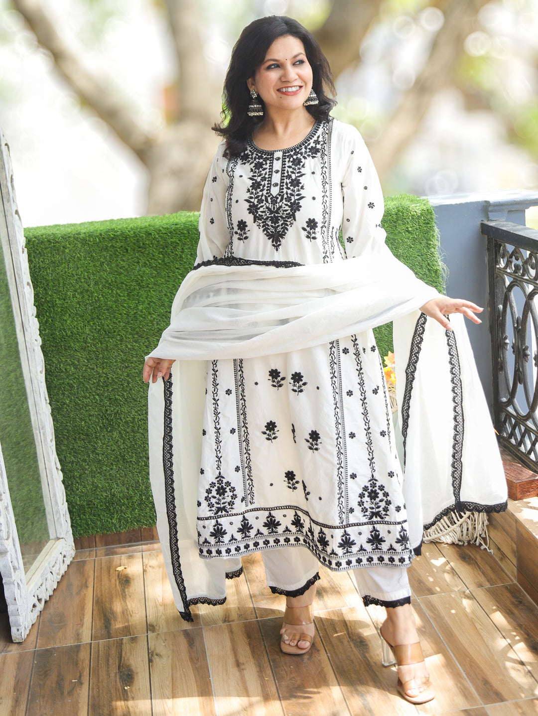 Himani Cream with Black Chikankari Mul Cotton 3 Piece Set