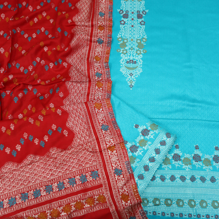 शिवानी Aqua Blue All Over Thread and Zari Weaved Semi Pashmina Winter Set