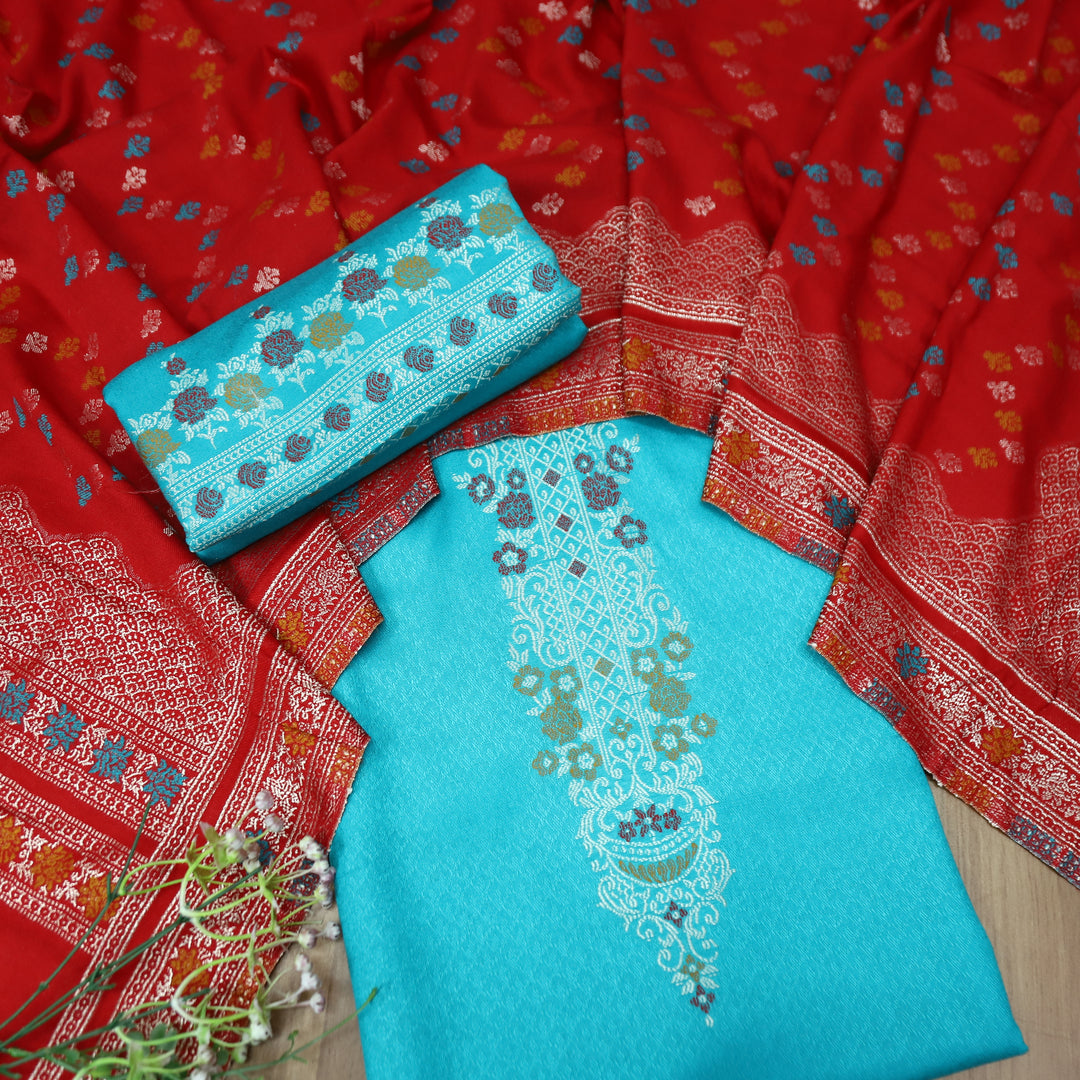 शिवानी Aqua Blue All Over Thread and Zari Weaved Semi Pashmina Winter Set