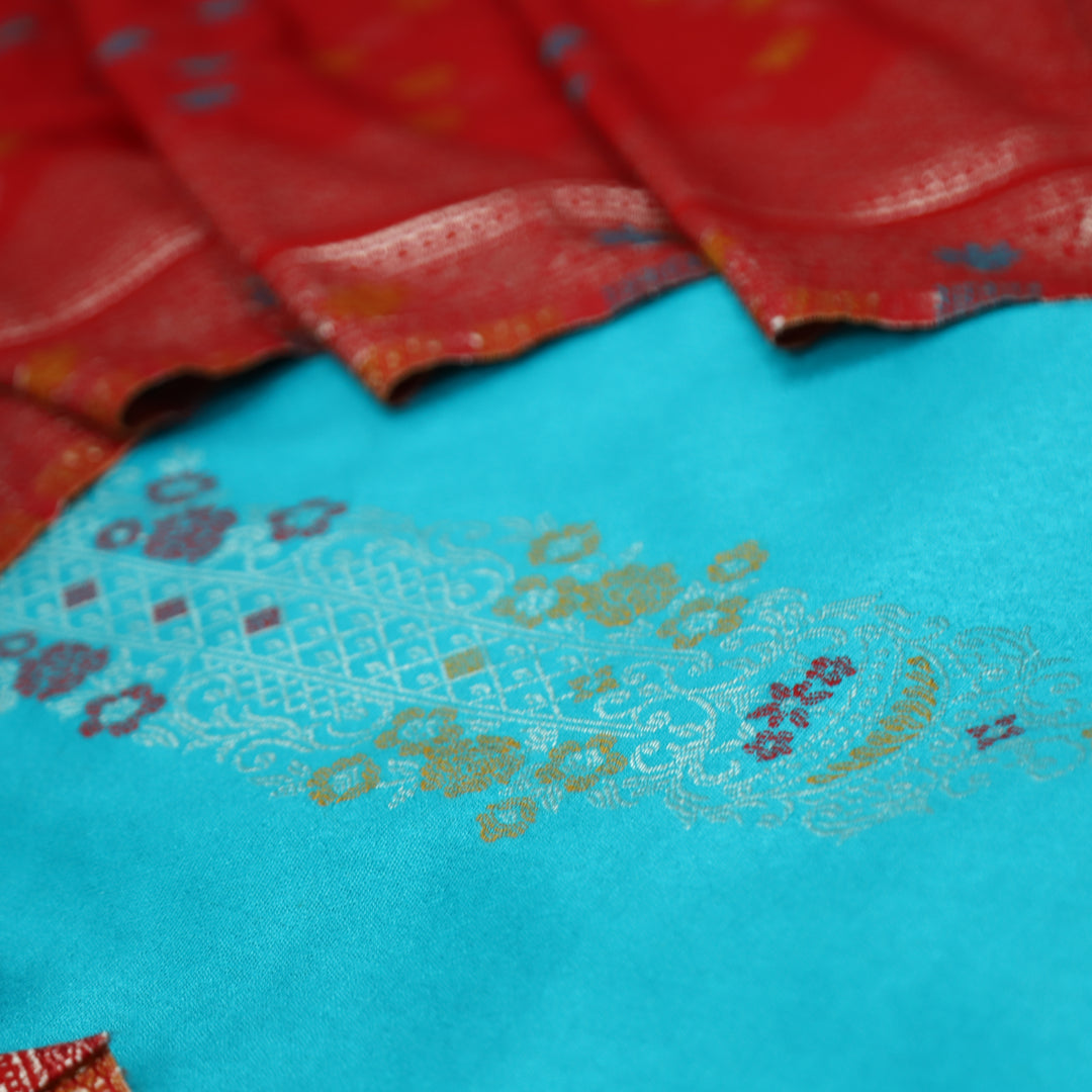 शिवानी Aqua Blue All Over Thread and Zari Weaved Semi Pashmina Winter Set