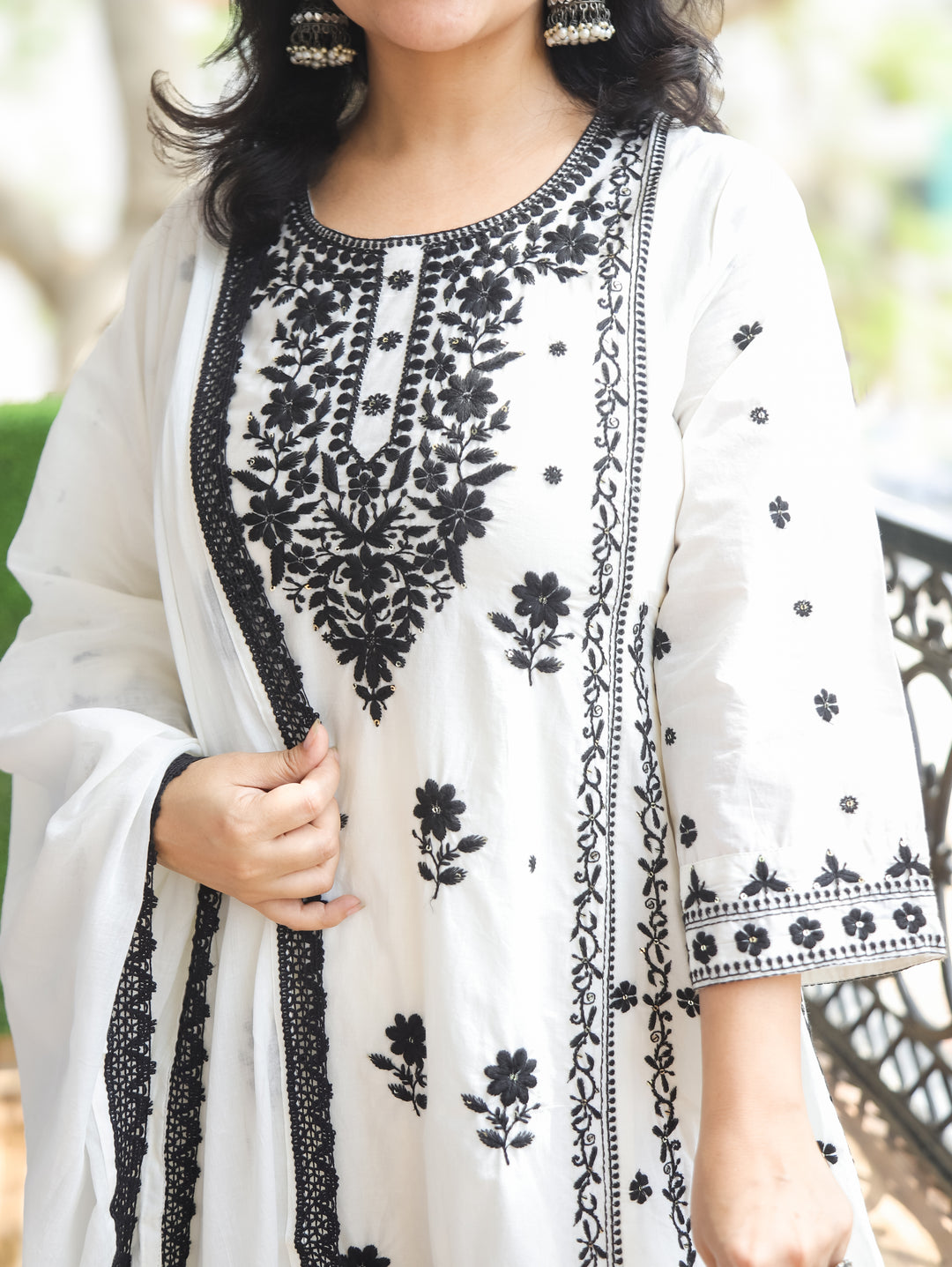 Himani Cream with Black Chikankari Mul Cotton 3 Piece Set