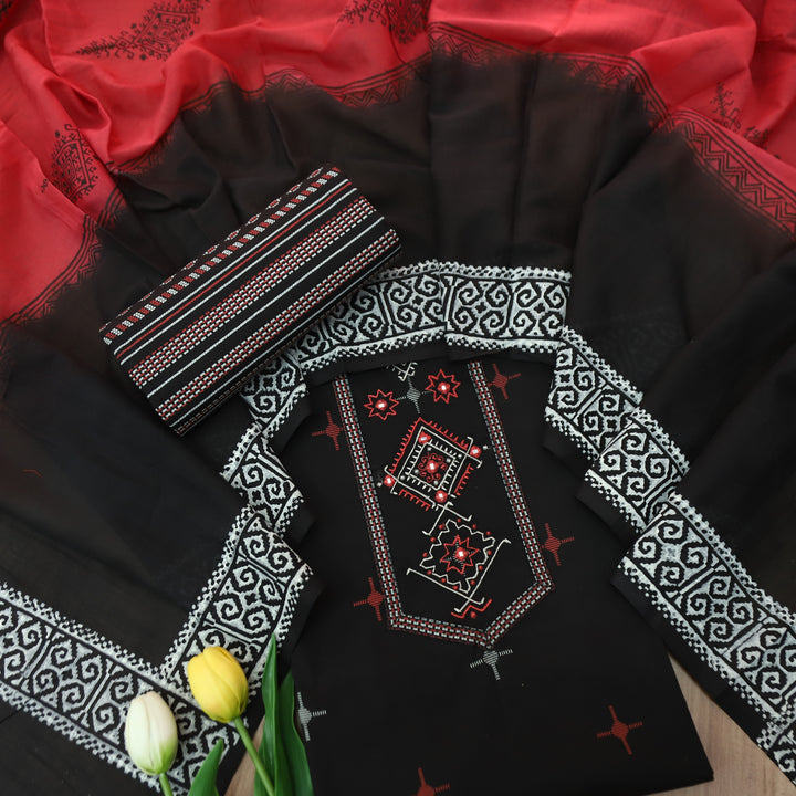 Aasmani Ebony Black Thread Emnbroidered Neck Patch with Patra Cotton Suit Set