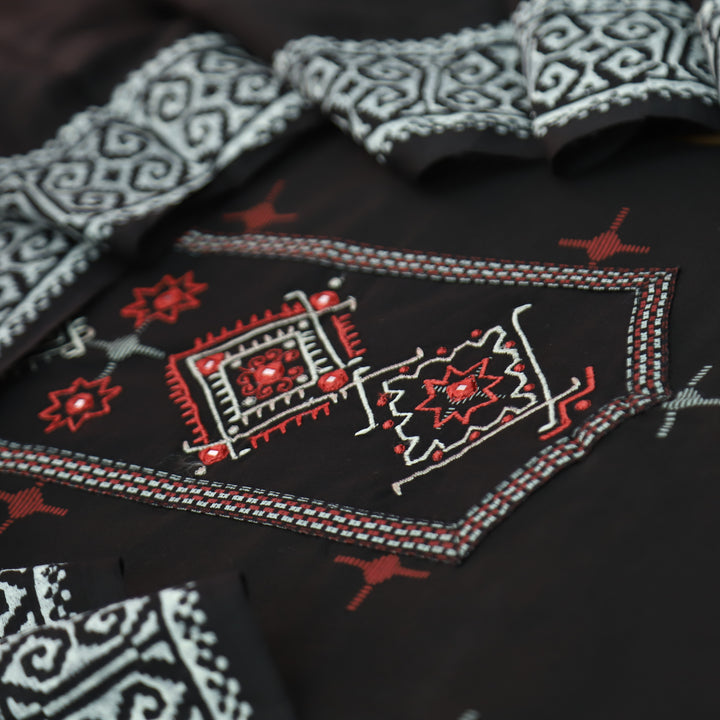 Aasmani Ebony Black Thread Emnbroidered Neck Patch with Patra Cotton Suit Set