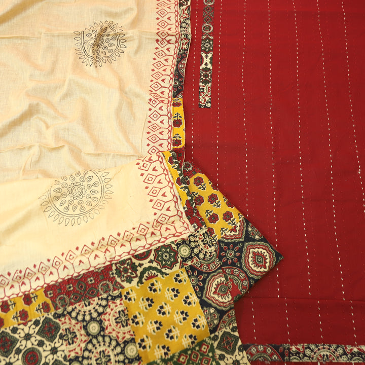 Jiya Bride Red Running Stitch Work with Patch Cotton Set